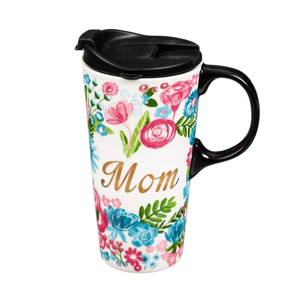 BNIB Evergreen‎ Mom Floral Metallic Ceramic Travel Cup with Lid Mothers Day Gift